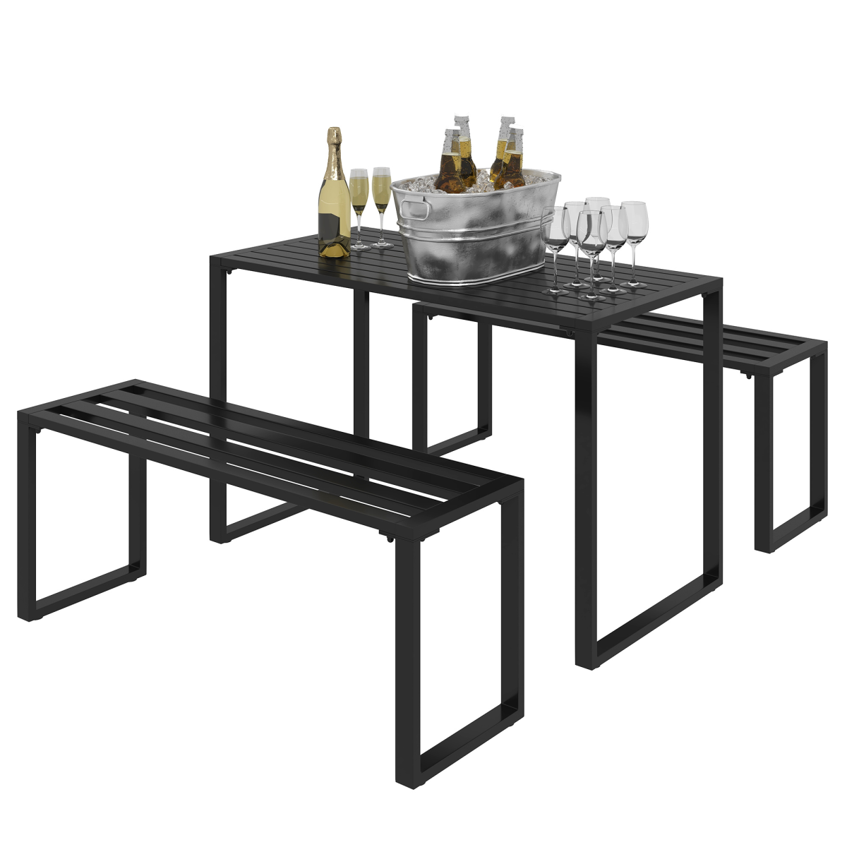 Outsunny 3 Piece Metal Garden Table & Bench Set, Seats 4 – Reinforced Slatted Patio Dining Furniture, Black