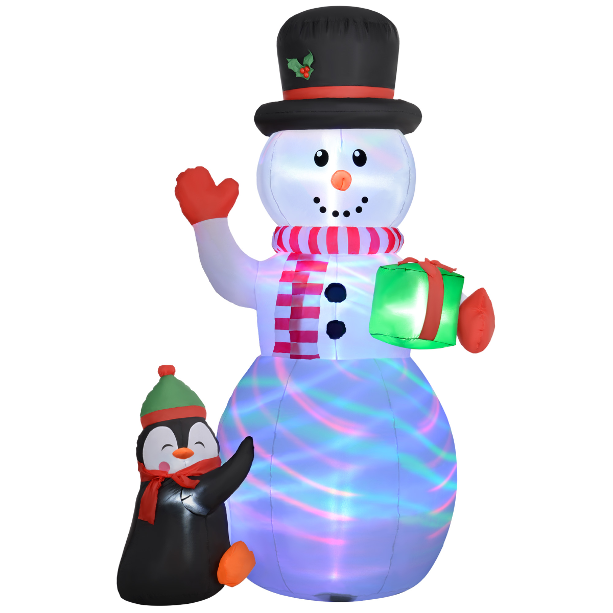 Outsunny 8ft Christmas Inflatable Snowman with Gift Box, Penguin & LED Lights – Outdoor Decoration, White
