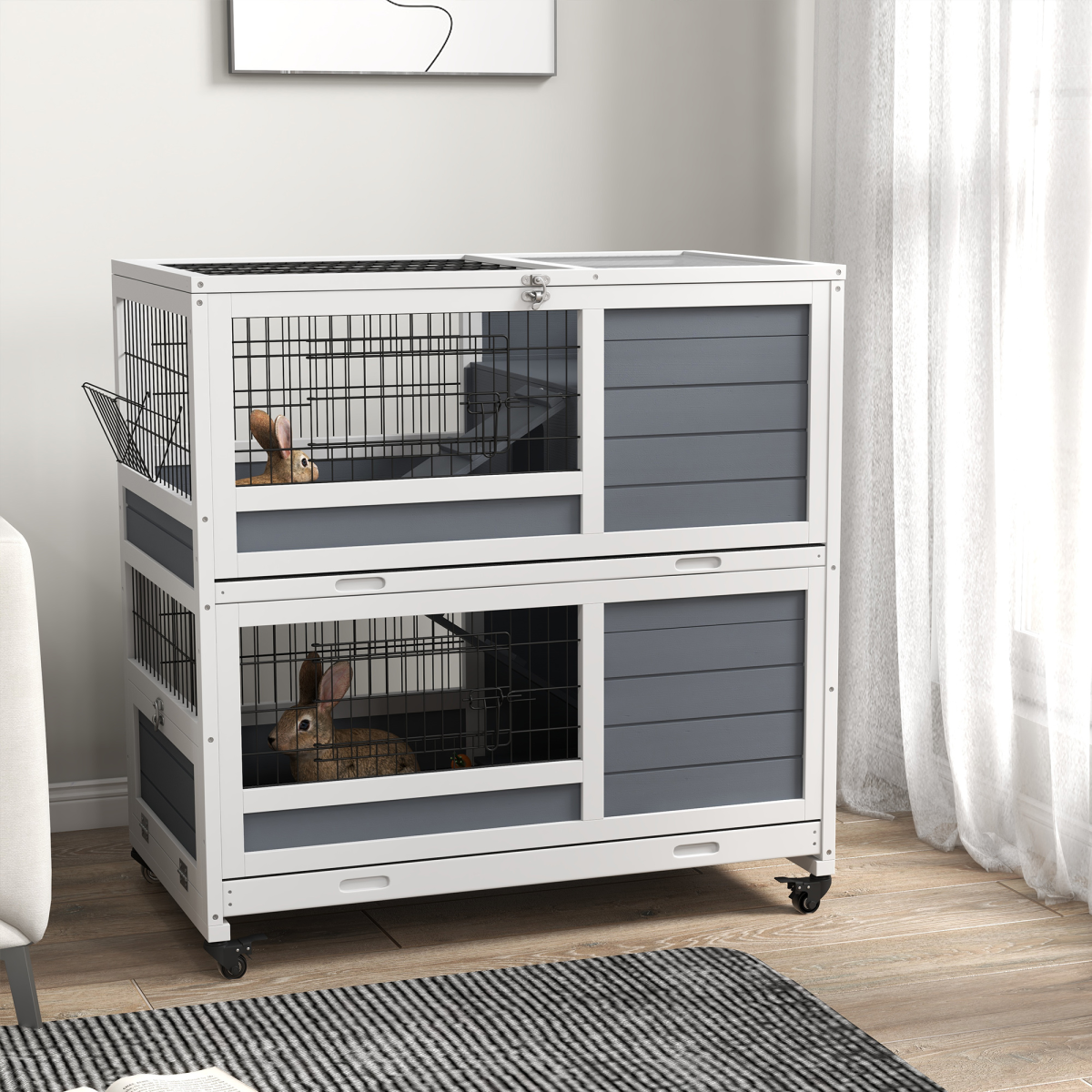 Double-Decker Rabbit Hutch Playpen Cage with Ramps, Sliding Trays & Feeding Trough – Indoor Small Animal Home for 1–2 Rabbits, White & Grey