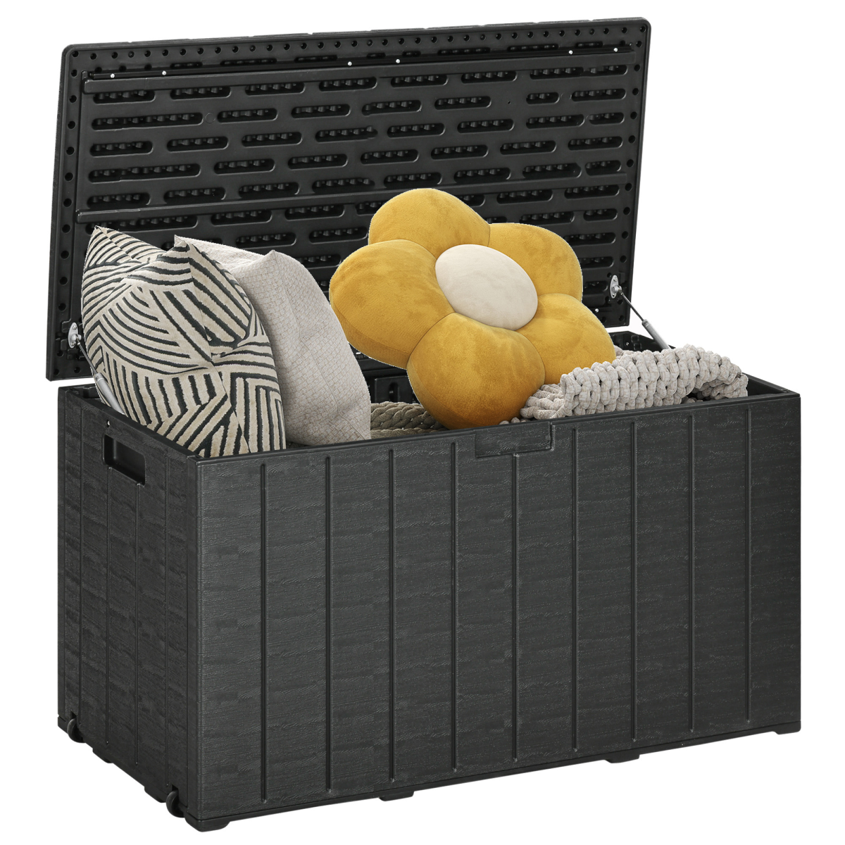 Outsunny 366 Litre Rolling Outdoor Garden Storage Box with Hydraulic Lid – Weather-Resistant Plastic Container, Black