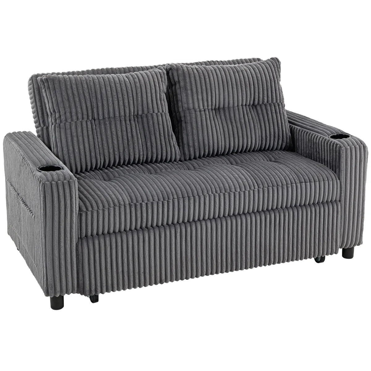 HOMCOM 2 Seater Click Clack Sofa Bed with Pull-Out Design & Cup Holders – Corduroy Upholstery, Charcoal Grey