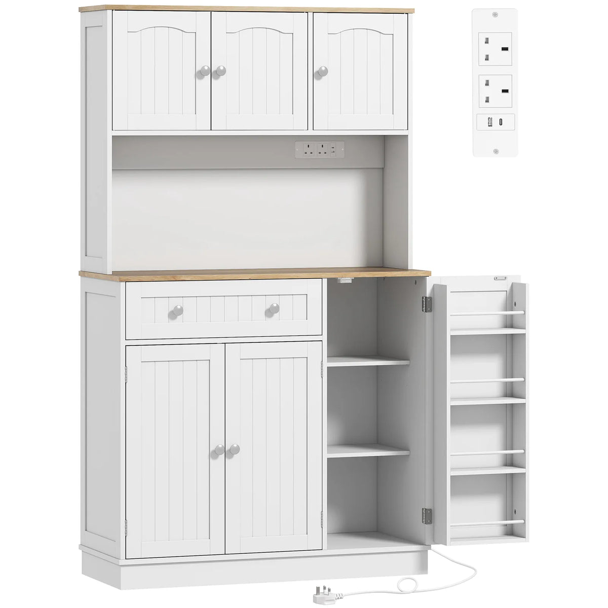 HOMCOM 173 cm Tall Kitchen Cupboard with Charging Station, Adjustable Shelves and 4 Door Racks – Pantry Storage Cabinet