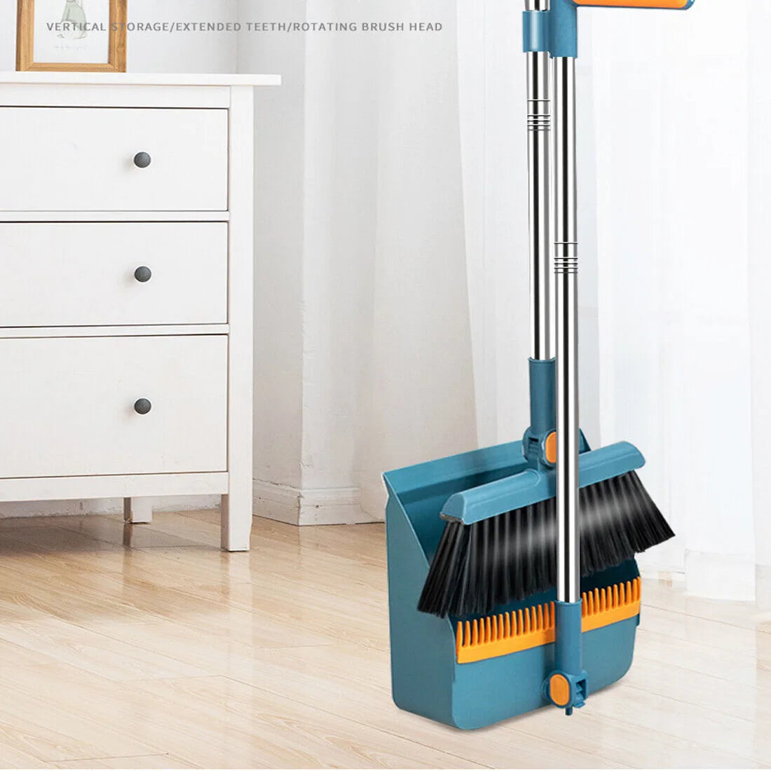 Long Handled Dustpan and Brush Set with Stainless Steel Handle, Upright Broom and Dustpan, Blue