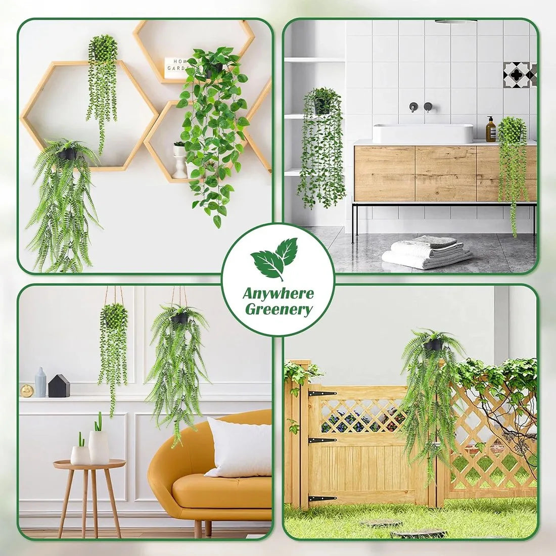 Artificial Hanging Trailing Plants in Pots, Set of 4 – Indoor Faux Greenery for Home & Office