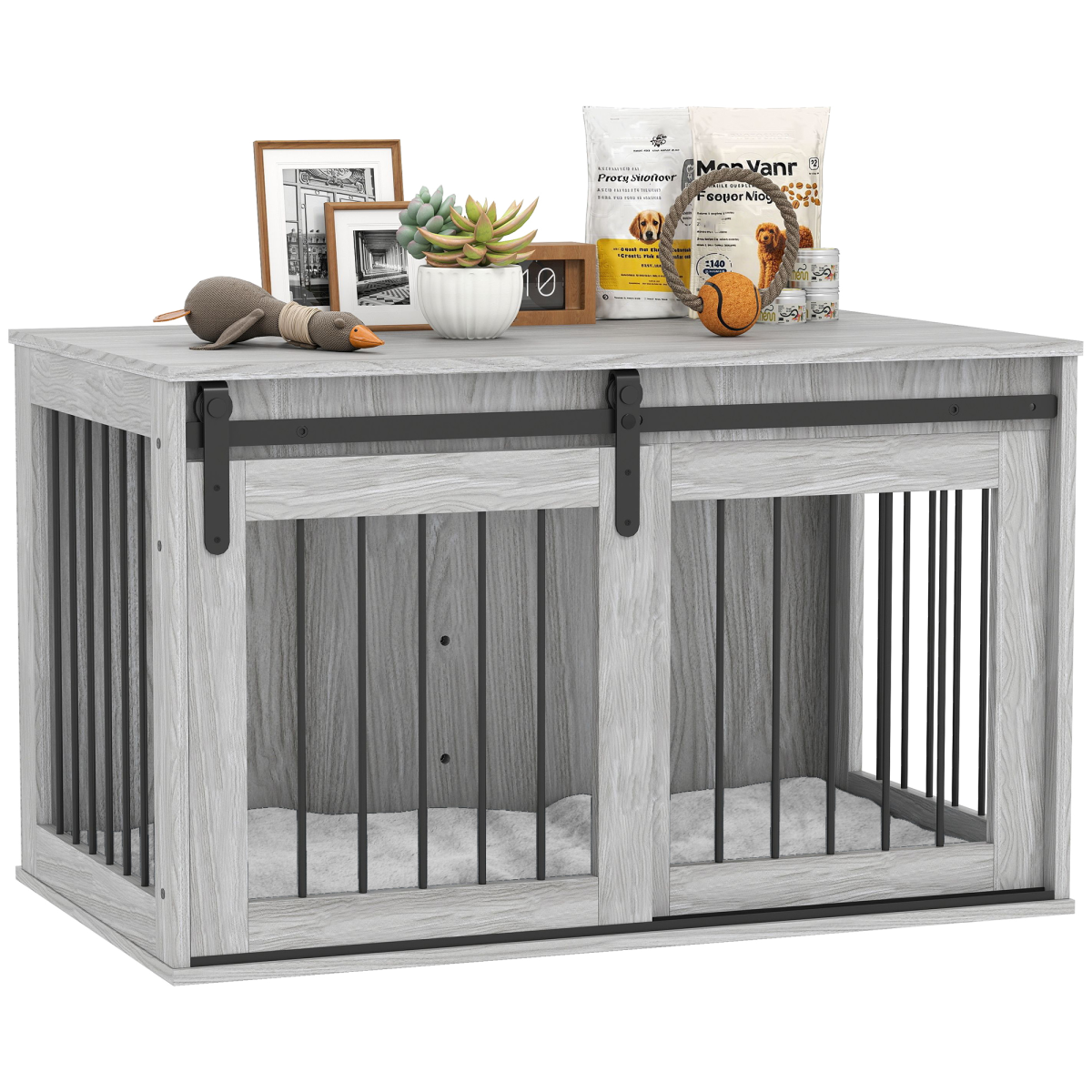PawHut Dog Crate Furniture with Removable Cushion and Barn Door Design – Side Table Kennel for Large Dogs, Grey