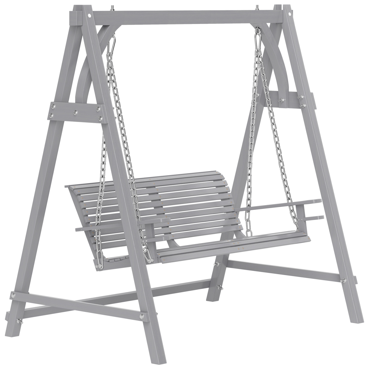 Outsunny 2-Seater Wooden Garden Swing Seat with Cup Trays & Steel Chains – Hammock Bench, Grey