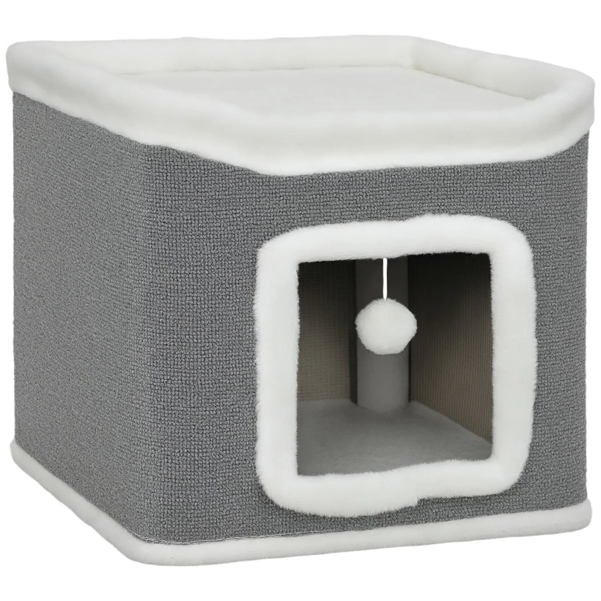 PawHut 2-Level Cat House with Top Bed and Fluffy Balls – Cosy Indoor Cat Cave for Kittens, Grey