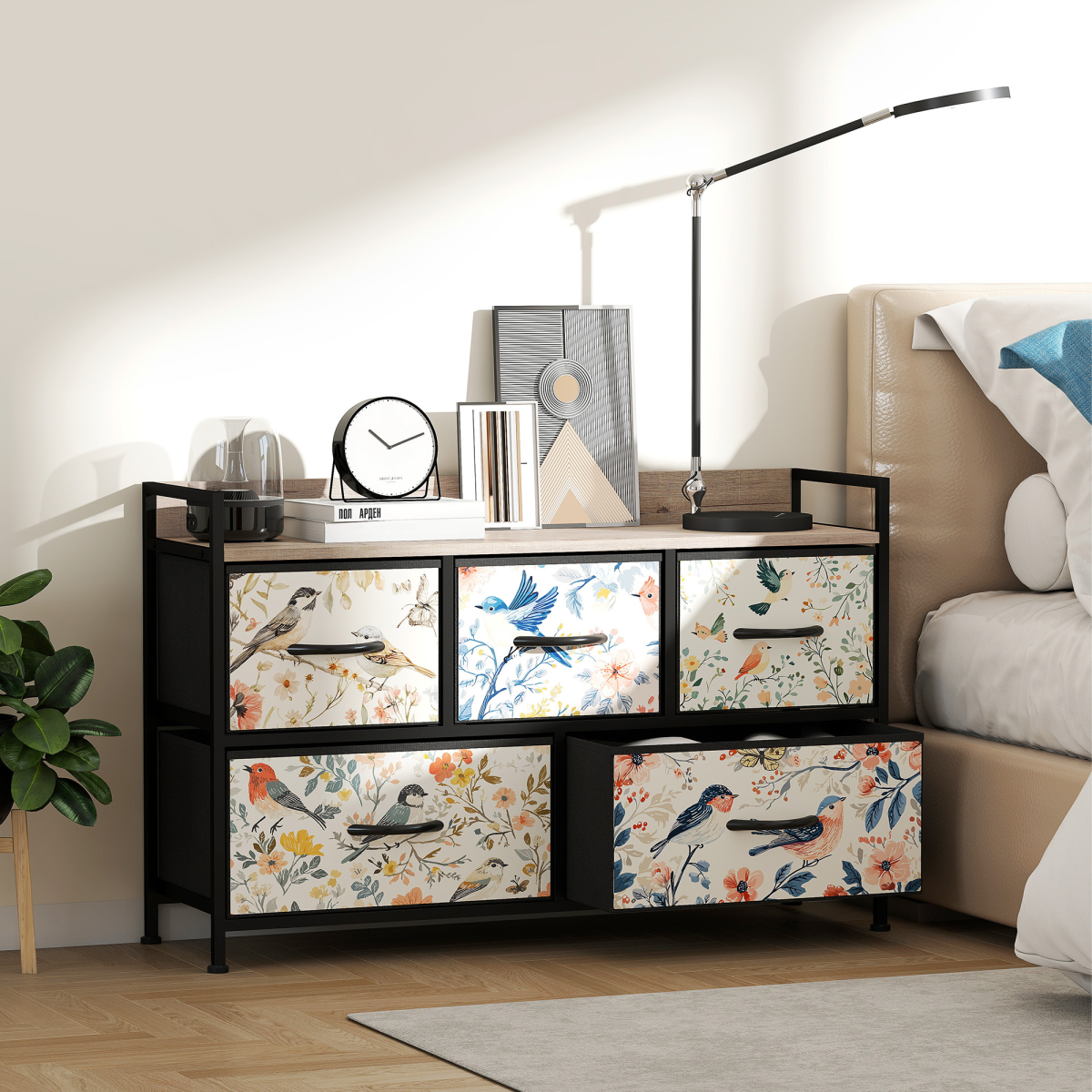 5-Drawer Fabric Chest of Drawers with Steel Frame & Wood-Effect Top – Foldable Drawer Storage Unit, White