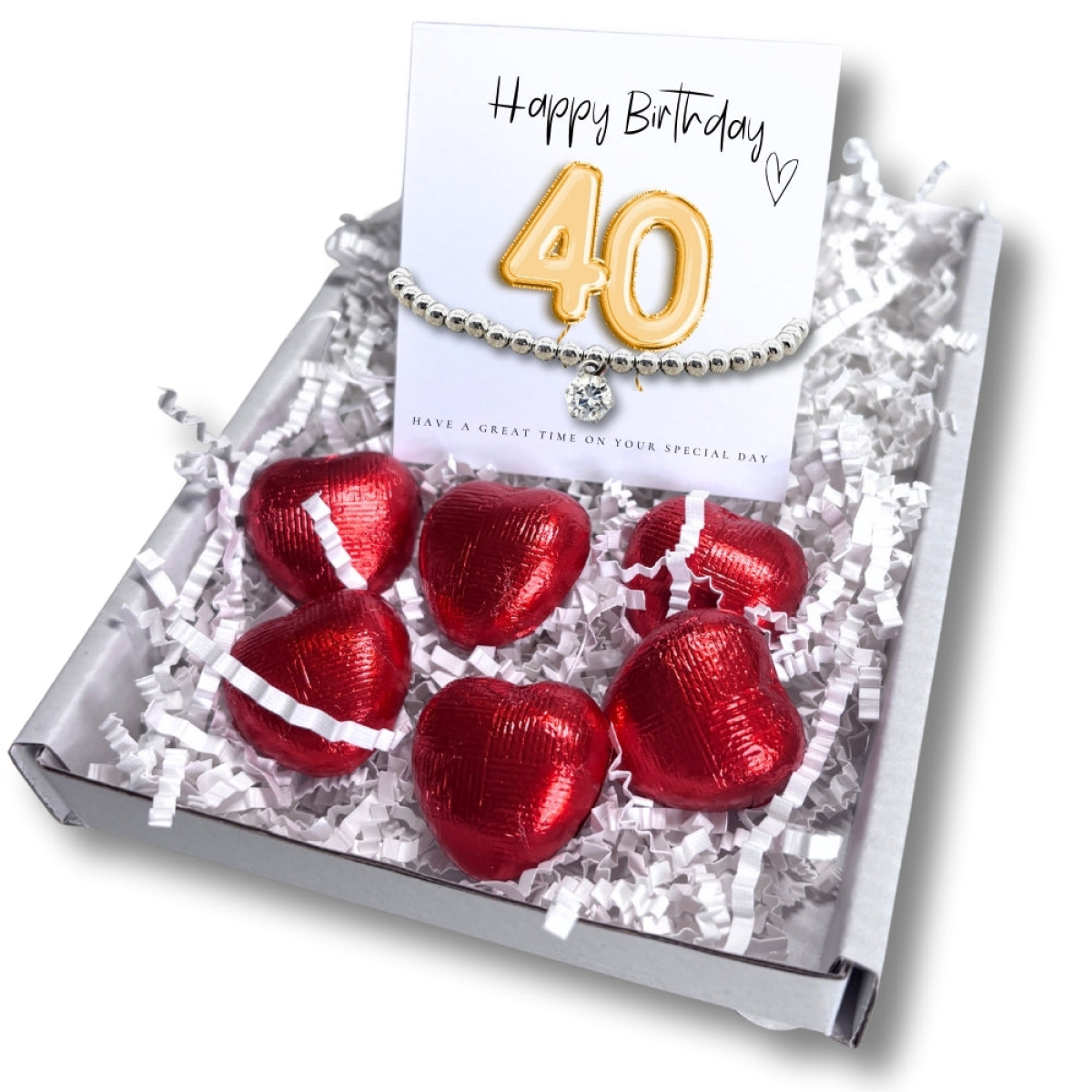 Aye Do Gifts 40th Birthday Cubic Zirconia Bracelet & Gold Balloons Card with Milk Chocolate Hearts