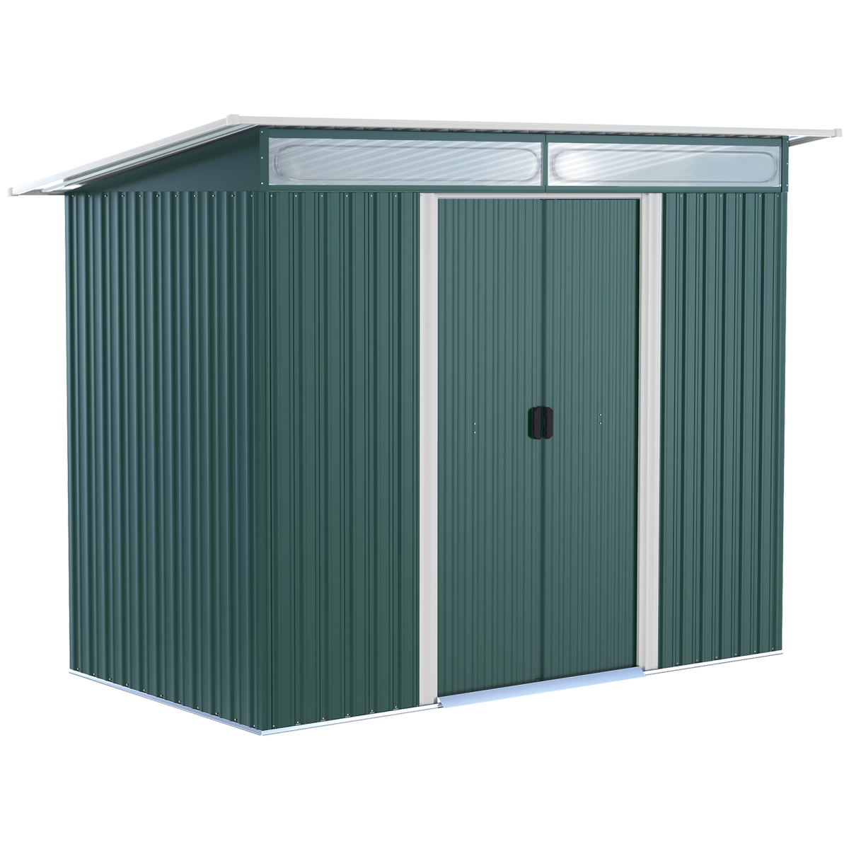 Green pent roof metal garden shed with sliding door