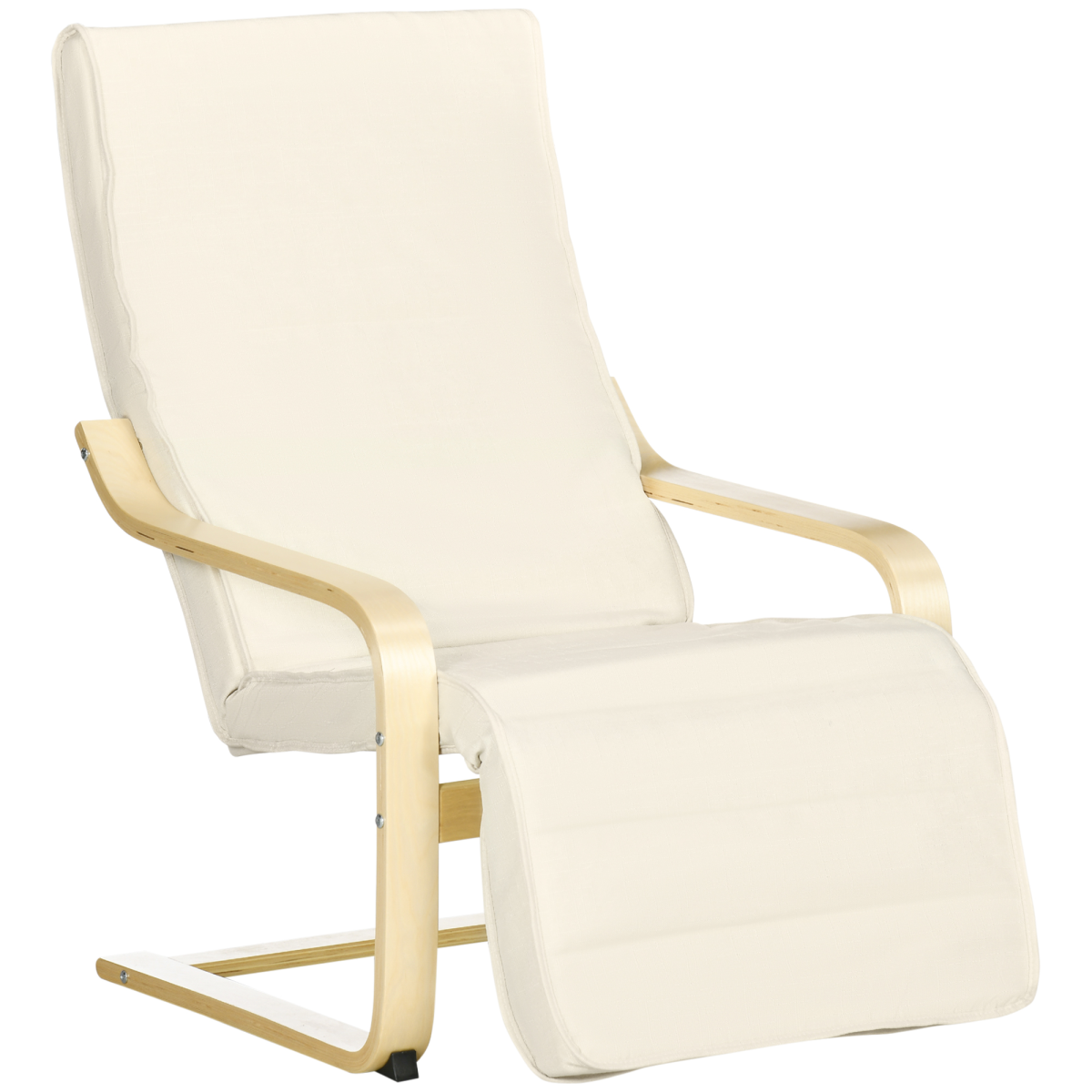 HOMCOM Lounge Armchair with 5-Level Adjustable Footrest and Padded Seat – Wooden Frame, Cream White