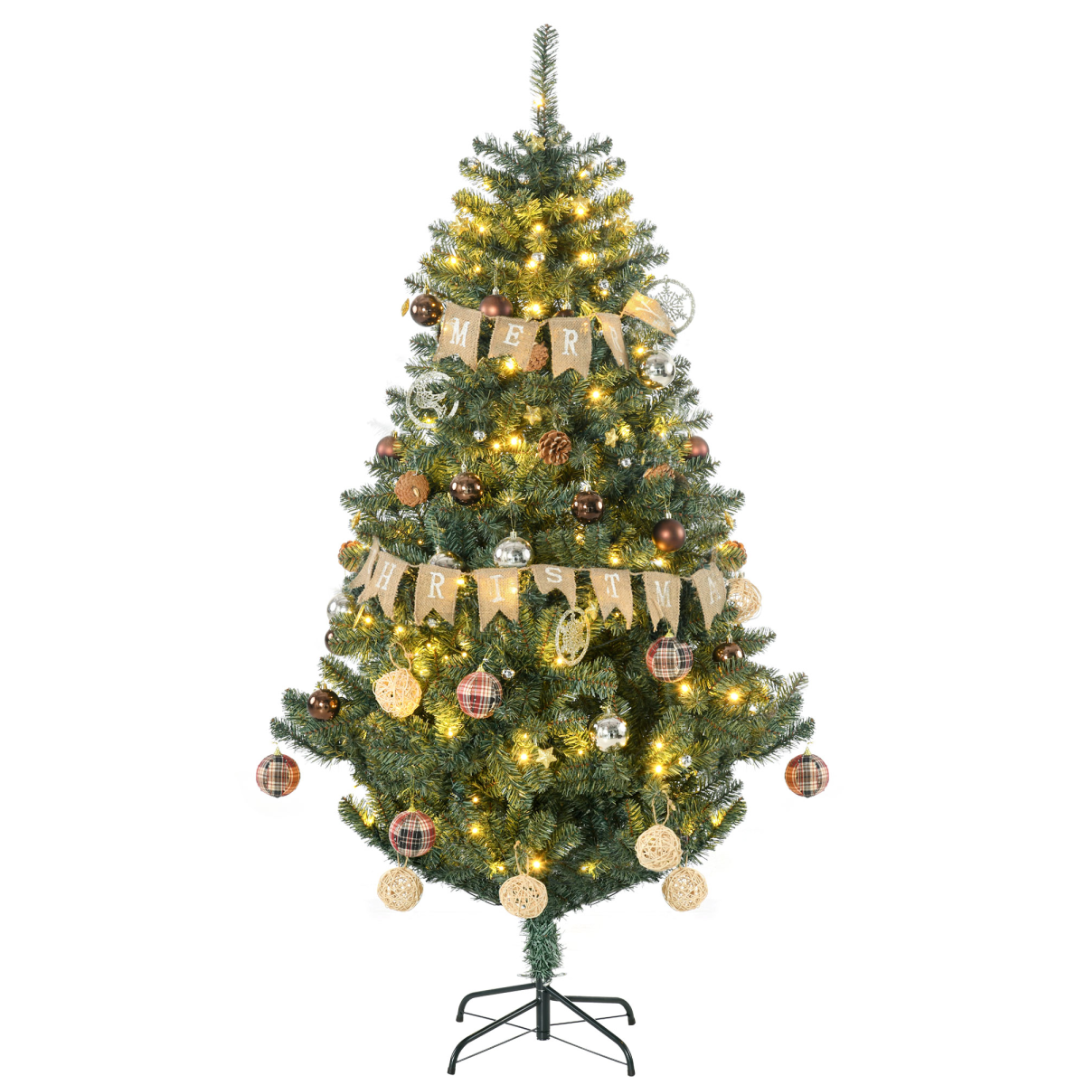 HOMCOM Artificial Christmas Tree with LED Lights, Baubles and Banner – Auto Open Branches, Steel Base