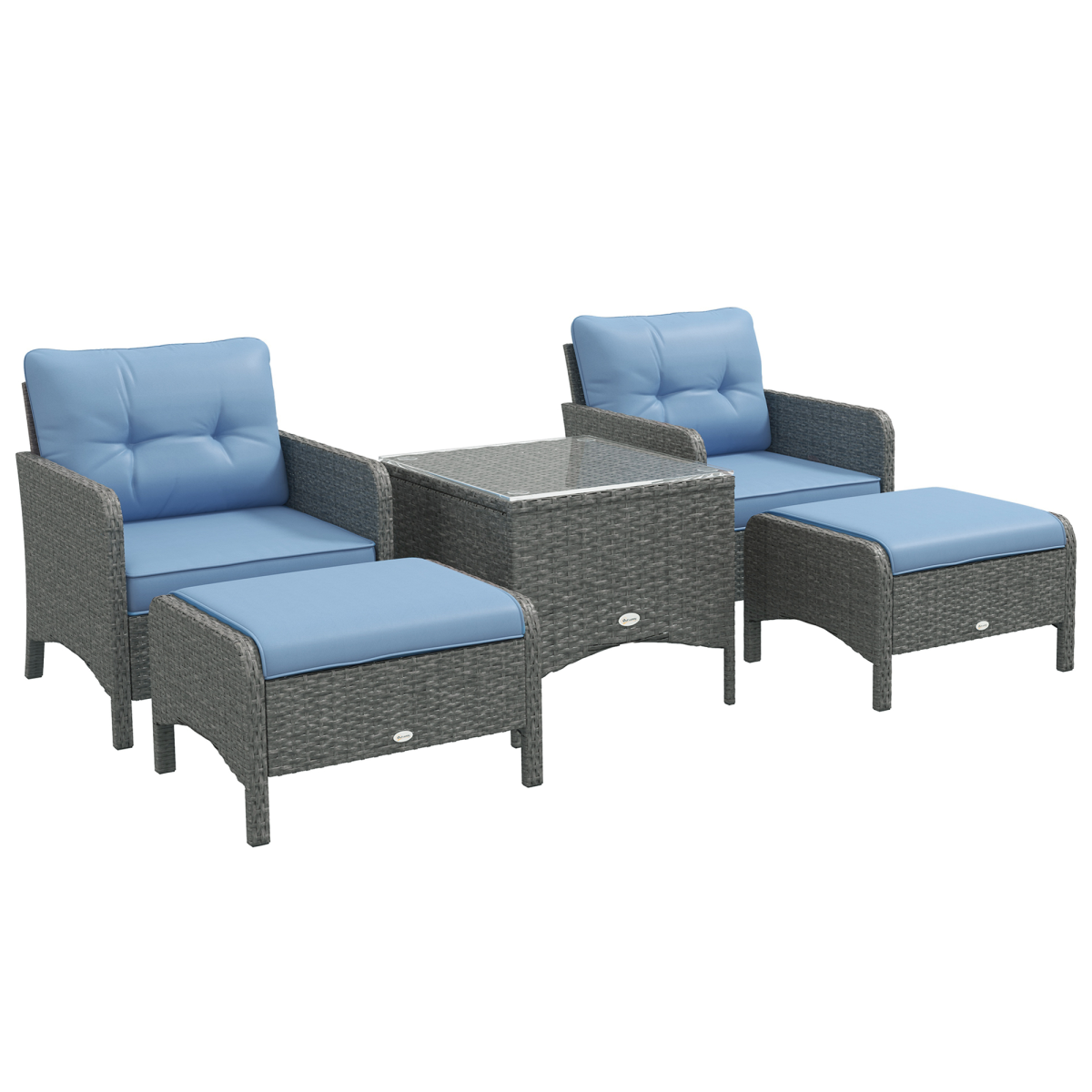Outsunny 5-Piece Wicker Patio Conversation Set with 10cm Cushions, Footstools & Tempered Glass Coffee Table – Garden Furniture, Grey & Blue