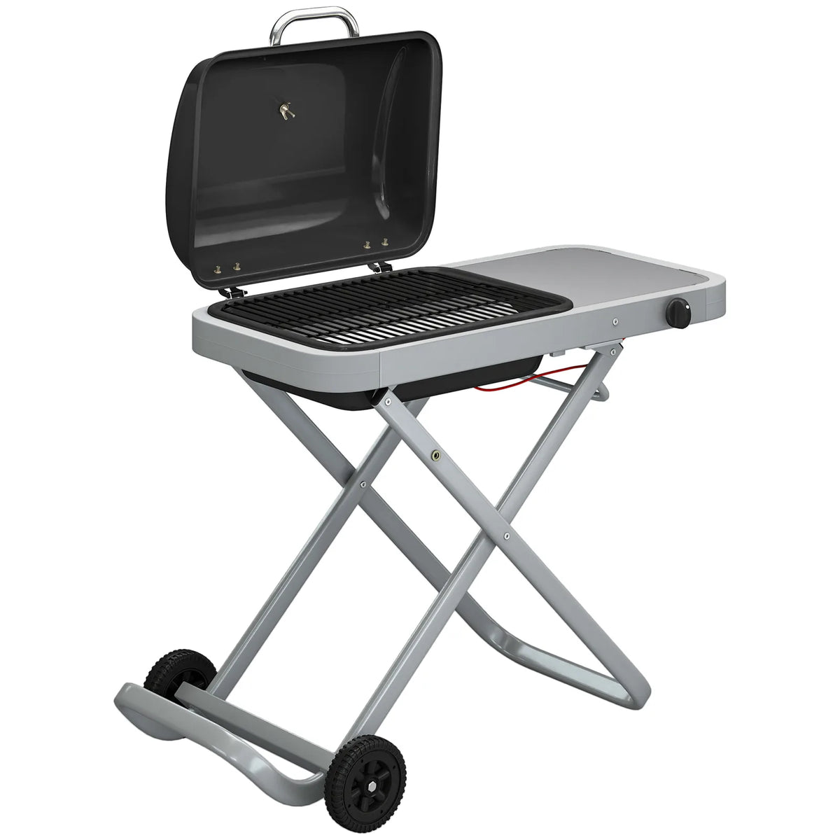 Outsunny Foldable Portable Gas BBQ Grill – 2.5kW with Lid Thermometer, Side Table, Grease Box and Wheels, Black