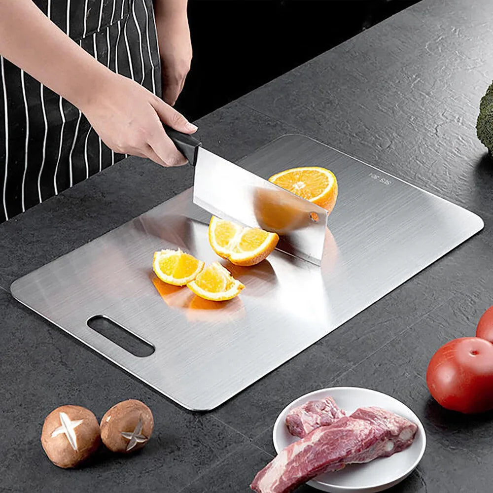 Double-Sided Stainless Steel Chopping Board, 46 x 30cm – Large Kitchen & Camping Cutting Board, Silver
