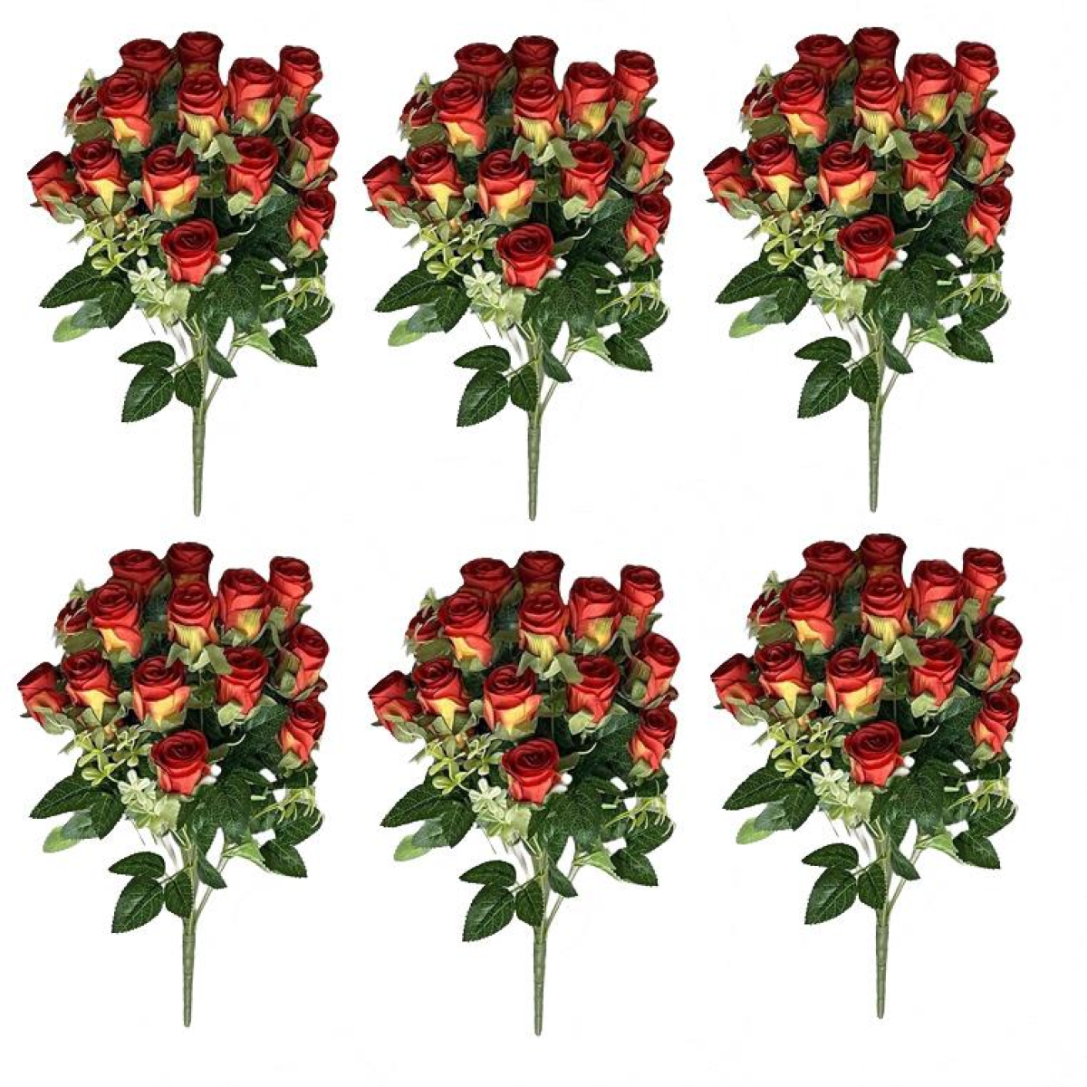 Leaf Pack of 6 Artificial Red Rose Bunches, 52cm with Wired Stems – Realistic Faux Flowers for Vases