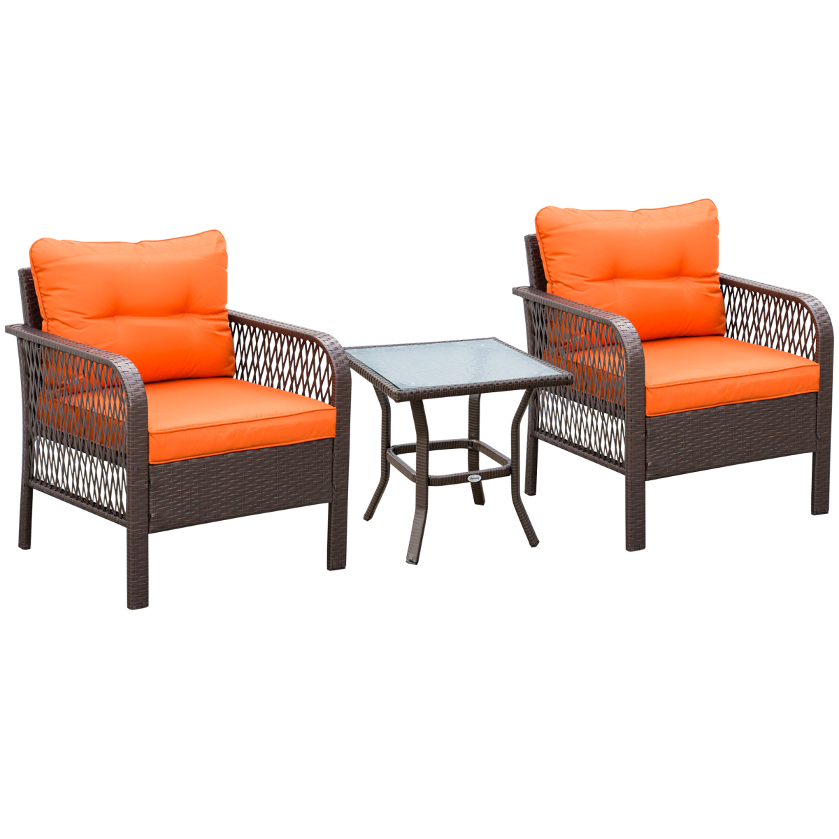 Outsunny 3-Piece Rattan Bistro Set with Tempered Glass Table & Padded Cushions – Patio Garden Furniture, Orange