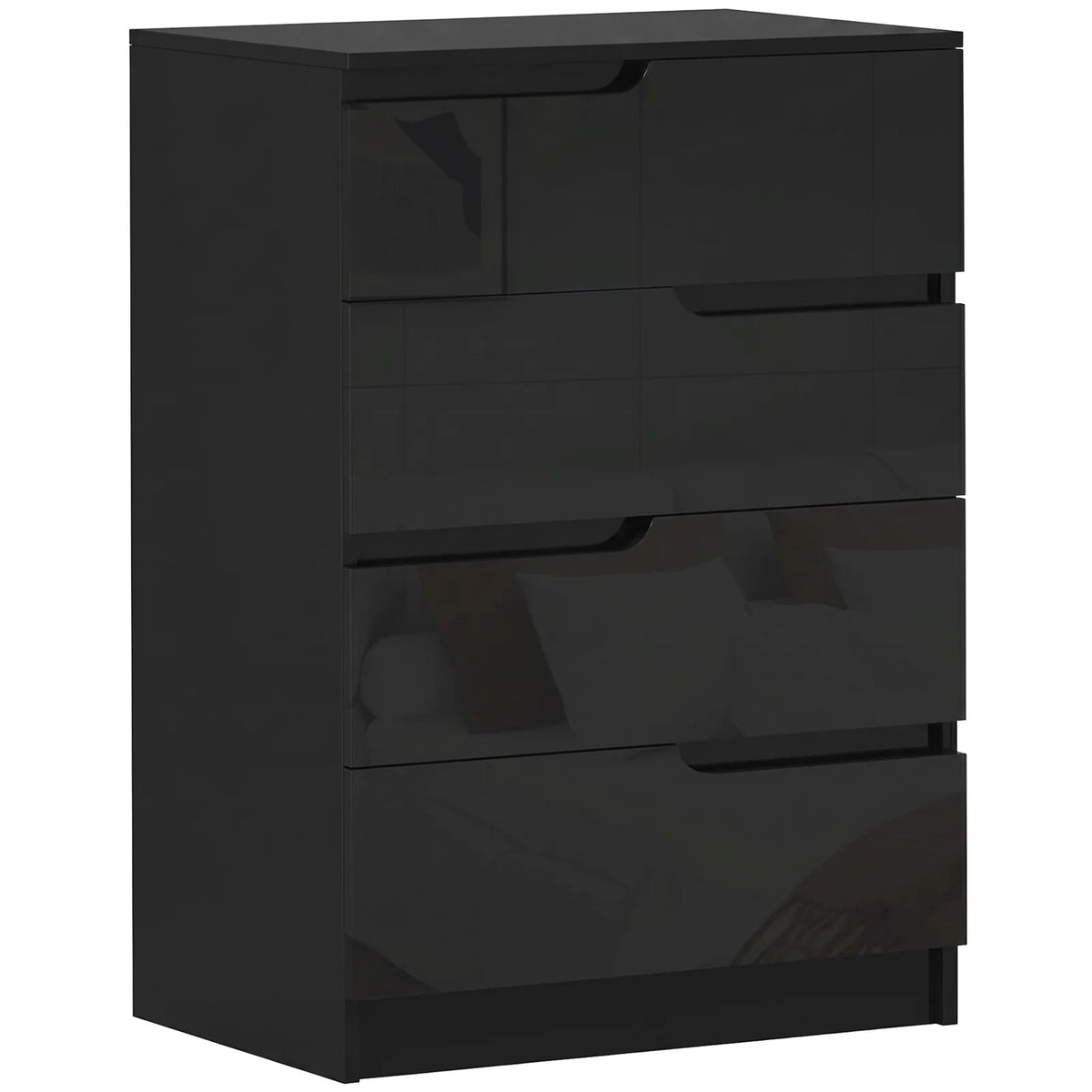 HOMCOM Four-Drawer Chest of Drawers with High Gloss Fronts and Hidden Handles – Bedroom Storage Dresser, Black