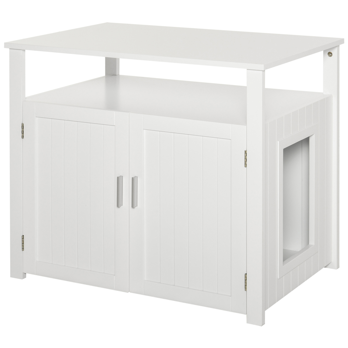 PawHut Cat Litter Box Enclosure Side Table with Magnetic Door and Two Shelves – Cat Furniture, White