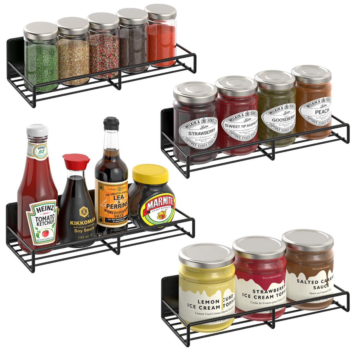 Vinsani 4 Piece Magnetic Spice Rack with Metal Shelf – No Drilling, Fridge & Cabinet Storage