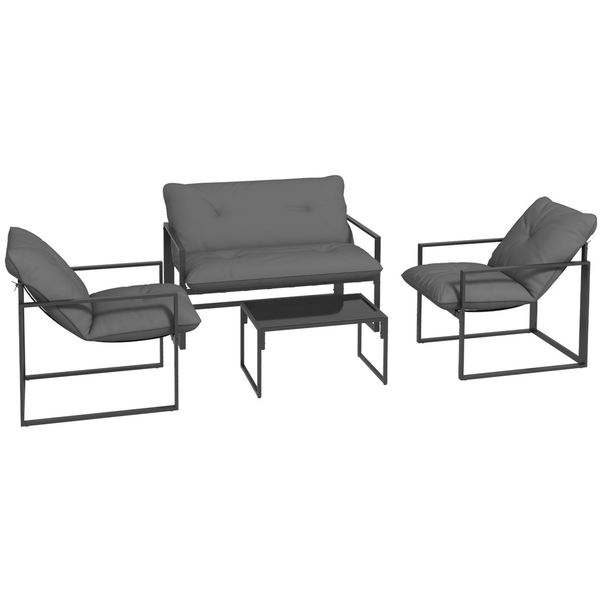 Outsunny 4-Piece Garden Sofa Set with 2 Armchairs, Loveseat & Tempered Glass Coffee Table – Patio Furniture, Grey