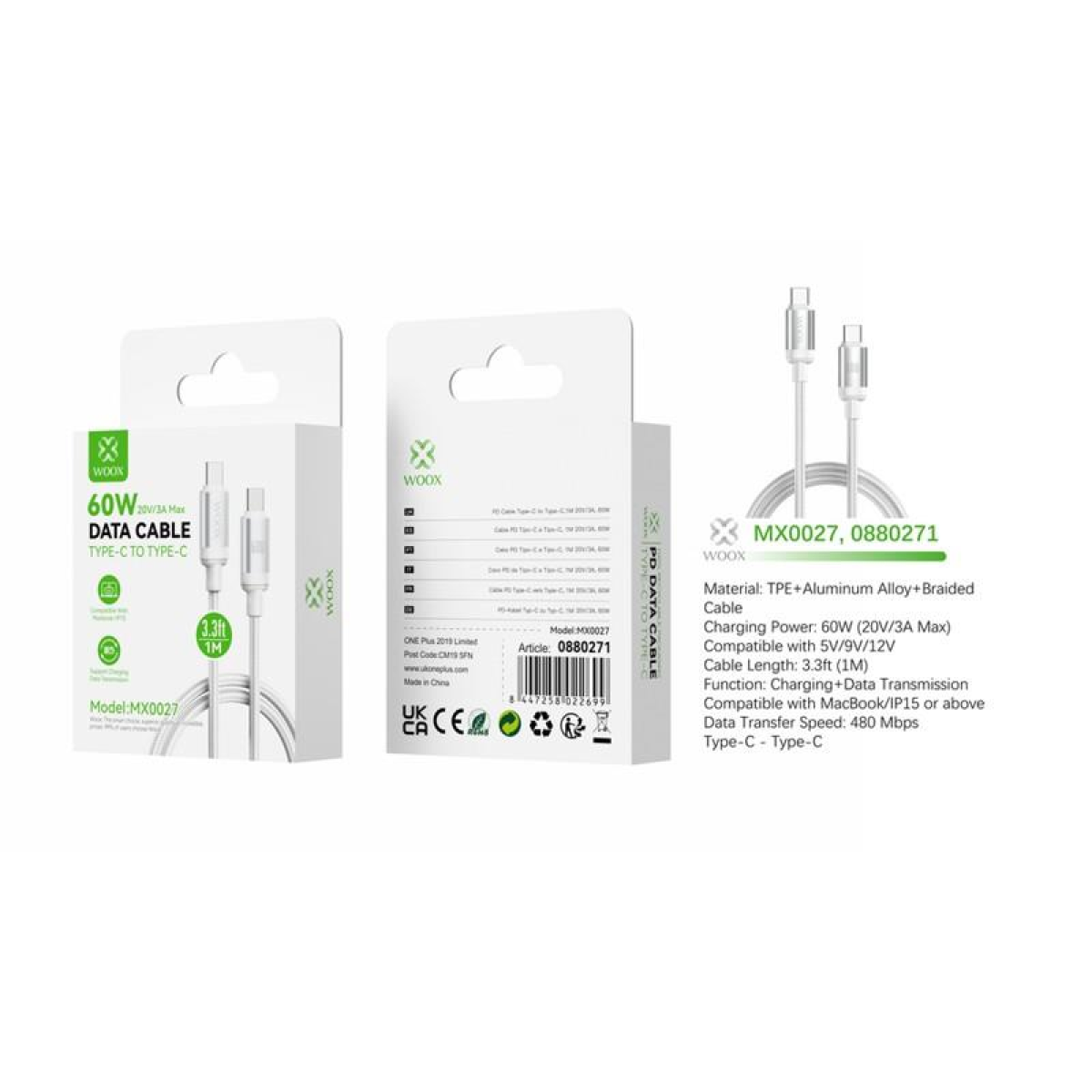 Woox MX0027 Type-C to Type-C Braided Data Cable, 60W Power Delivery – 1m Durable Nylon, White