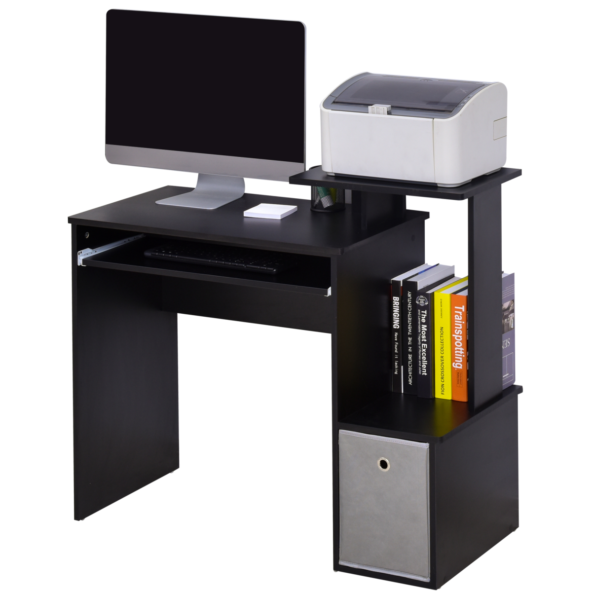 Black computer desk with keyboard tray