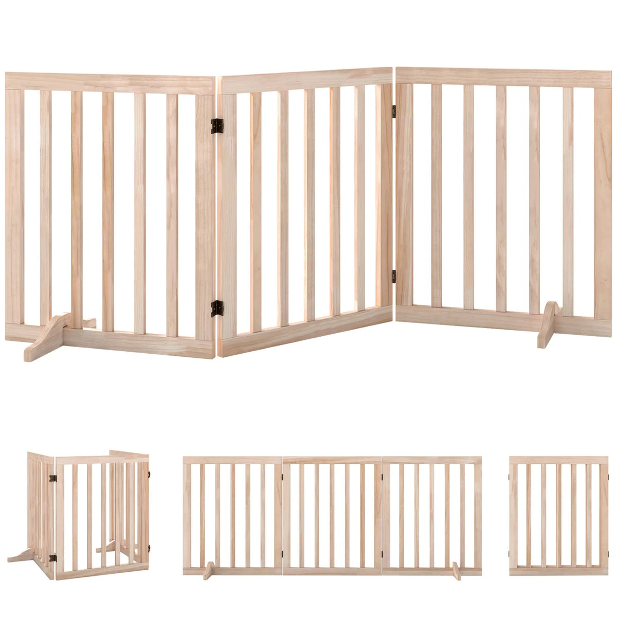 PawHut Wooden Freestanding Dog Gate with 3 Folding Panels and 2 Support Feet – Indoor Pet Barrier, Natural