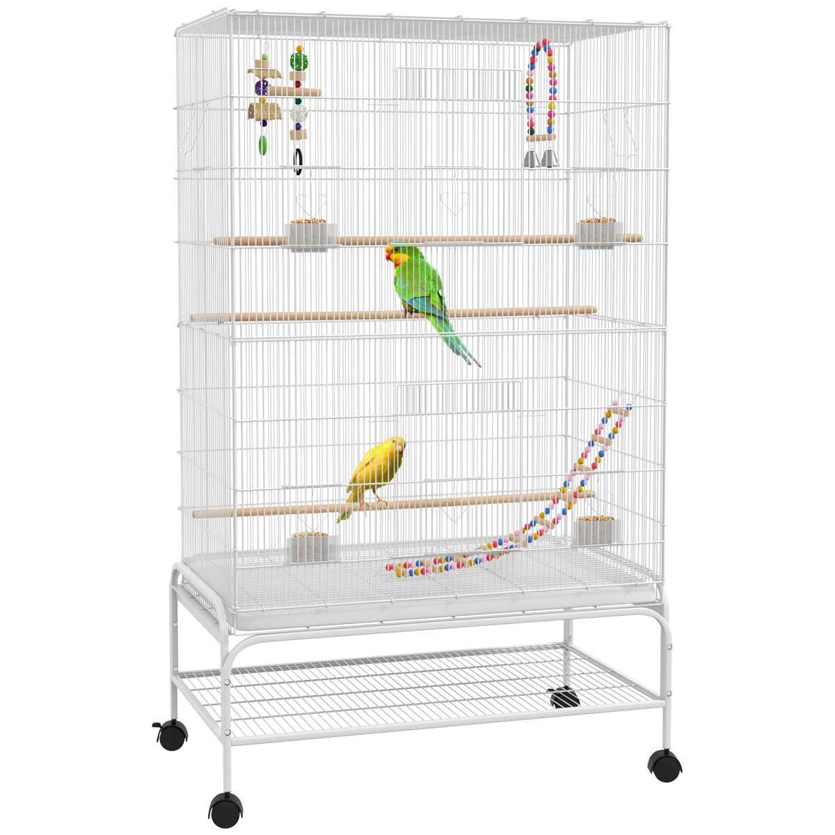 PawHut Rolling Bird Cage with Stand – Steel, Toys, Perches and Wheels, 79 x 49 x 133cm, White