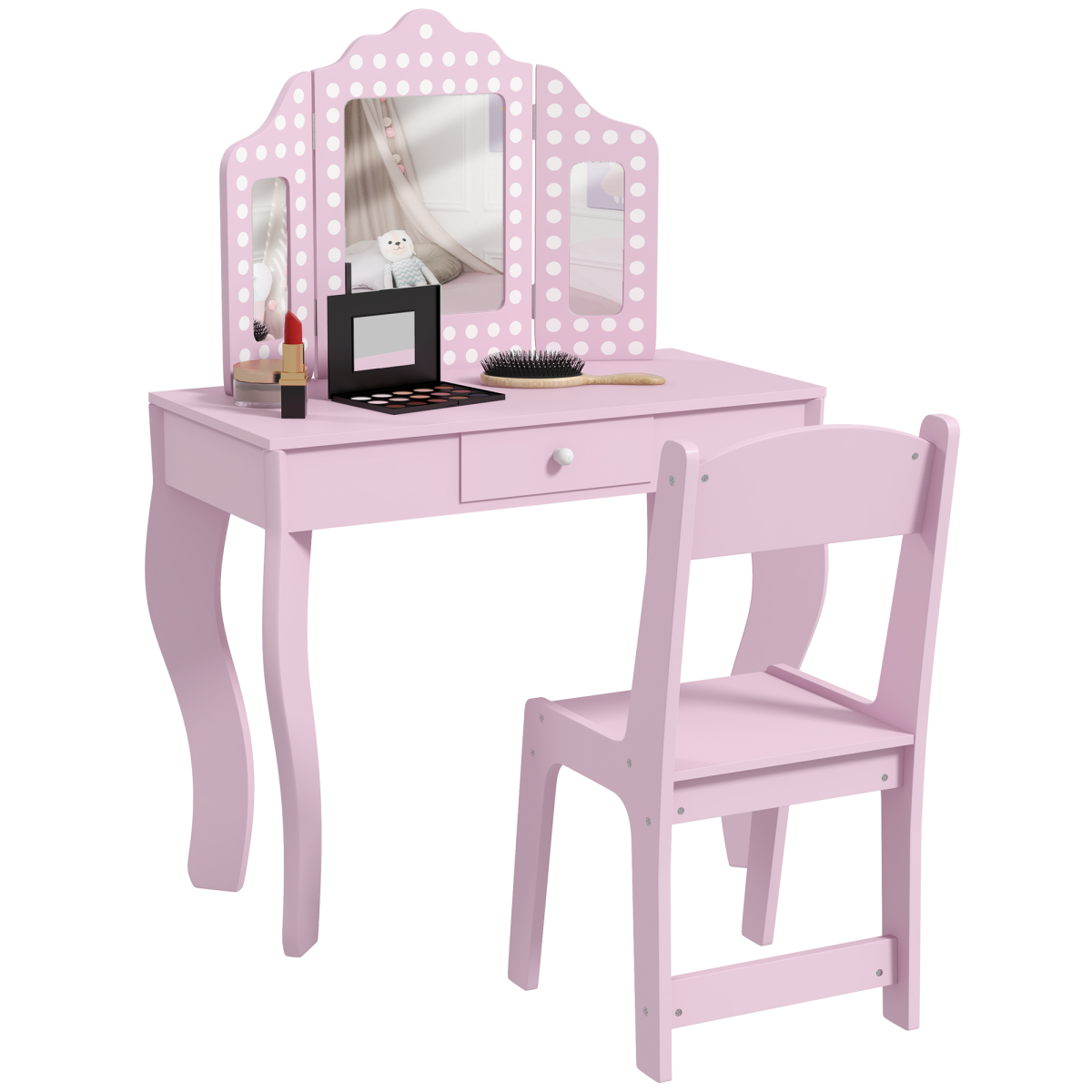 AIYAPLAY Kids Dressing Table Set with Tri-Fold Mirror, Stool and Drawer – Playroom Make Up Vanity, Pink