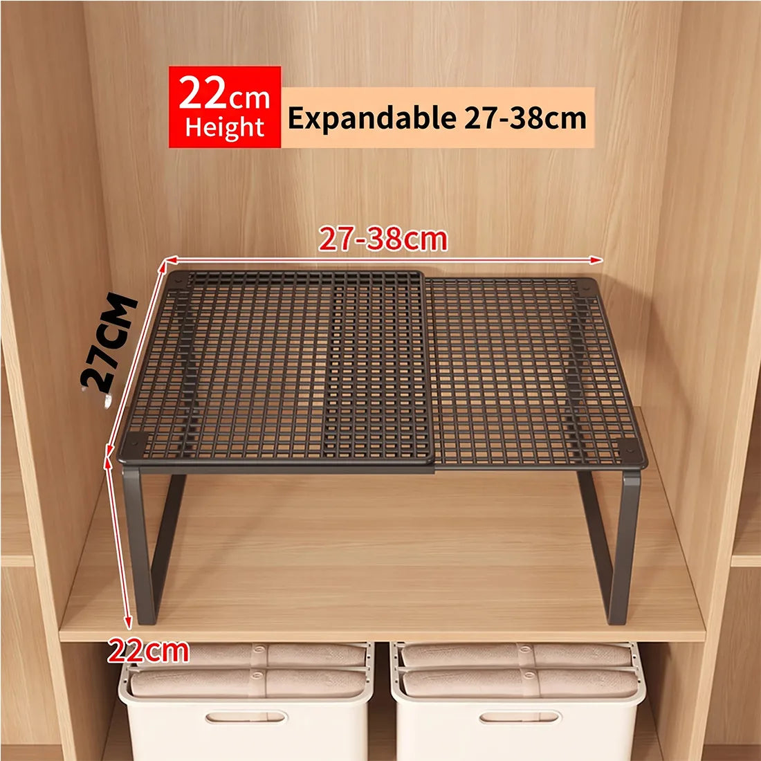 Extendable Telescopic Wardrobe Shelf Divider with Fine-Mesh Surface – Tiered Cabinet Storage Rack, Black