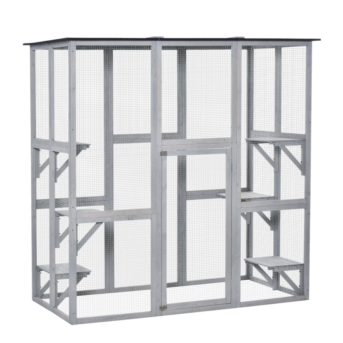 PawHut Wooden Cat House with Platforms – Enclosed Outdoor Catio for Multiple Cats, Weatherproof Roof, Grey