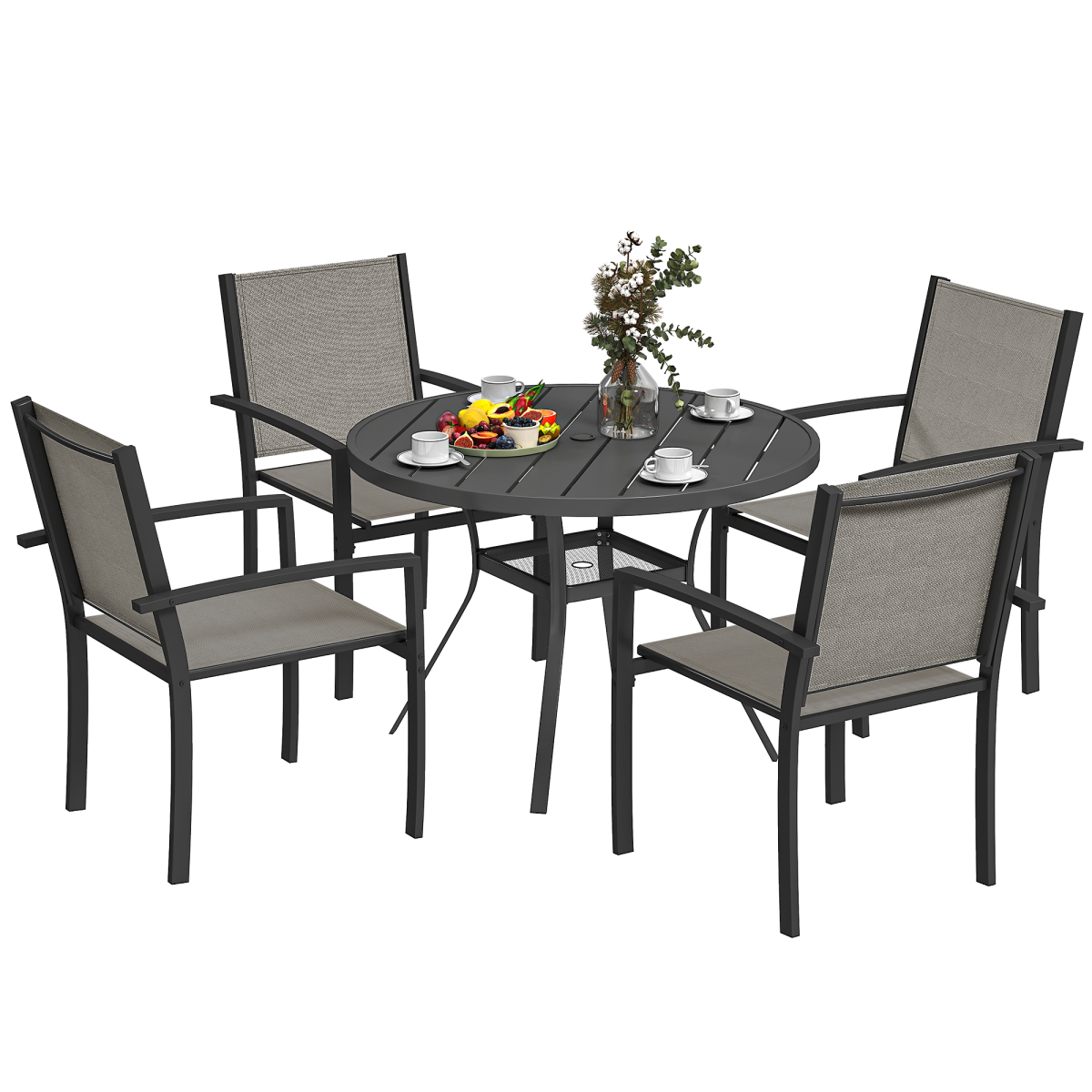 Outsunny 5-Piece Garden Dining Set with Round Table & 4 Stackable Chairs – Patio Furniture, Dark Grey