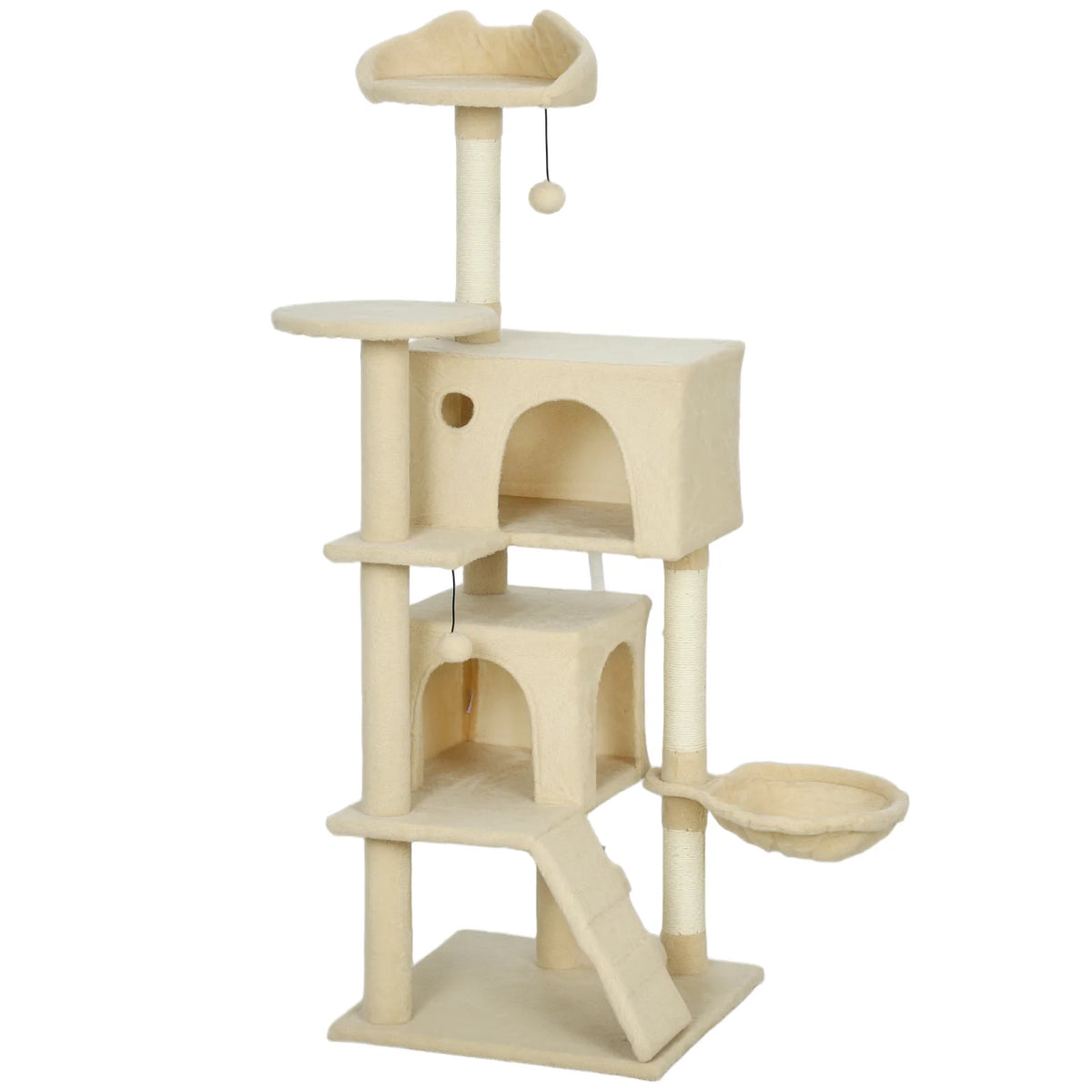 PawHut 140cm Large Cat Tree Tower with Sisal Scratching Posts, Plush Perches, Hammock & Cat Houses, Beige