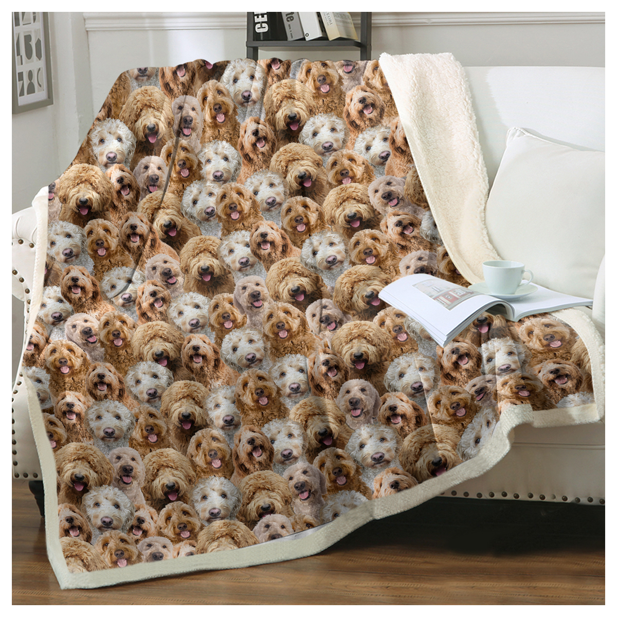 Cockapoo Dog Print Reversible Sherpa Fleece Throw Blanket, 130 x 150cm – Soft Throw for Sofa, Bed or Nursery