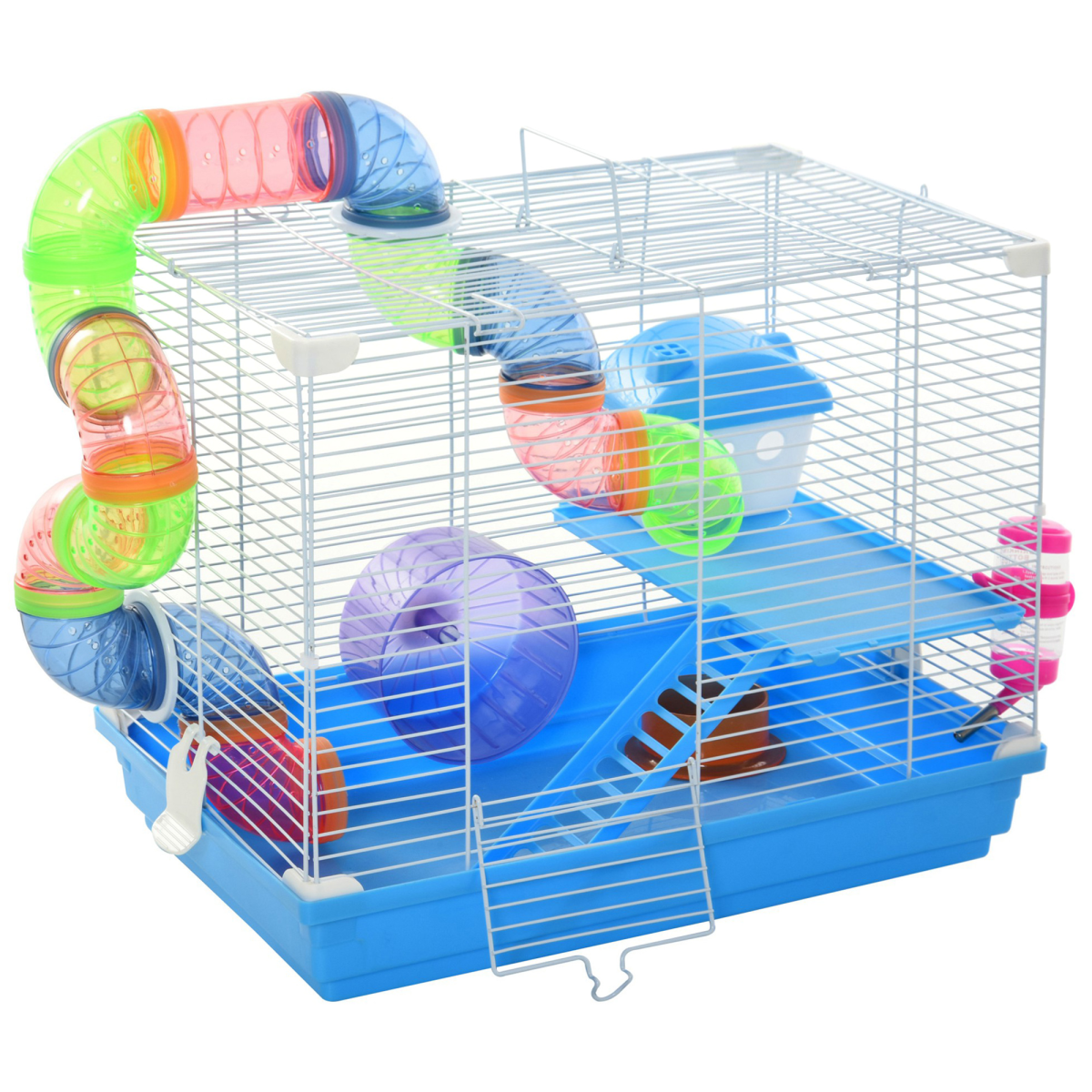 PawHut Hamster Cage Carrier with Exercise Wheel and Tunnel Tube – Small Animal House for Hamsters and Gerbils