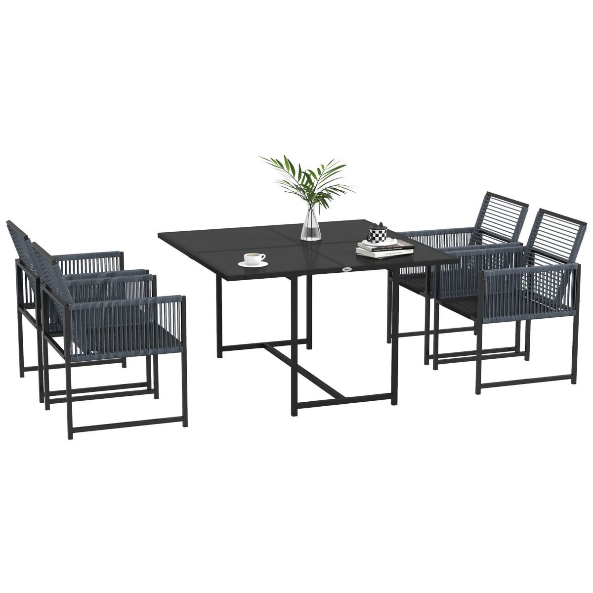 Outsunny 5-Piece Patio Dining Set with Tempered Glass Table & 4 Foldable-Back Chairs – Steel Frame Garden Furniture, Dark Grey