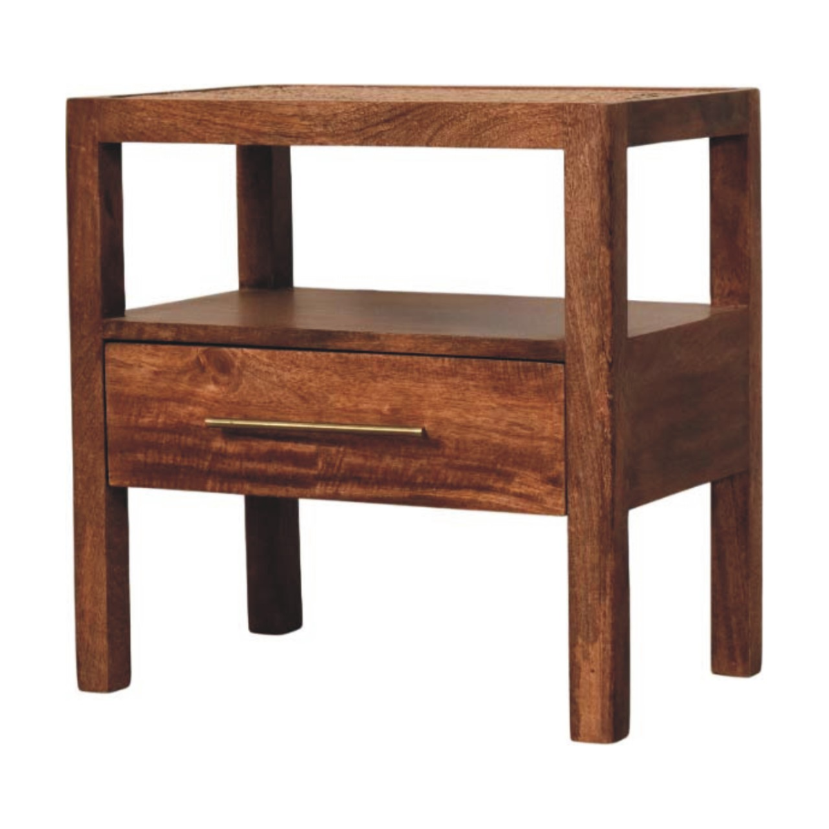 Artisan Furniture Solid Wood Caldera Bedside Stand, 1 Drawer, Open Shelf and Rattan Top – Brown