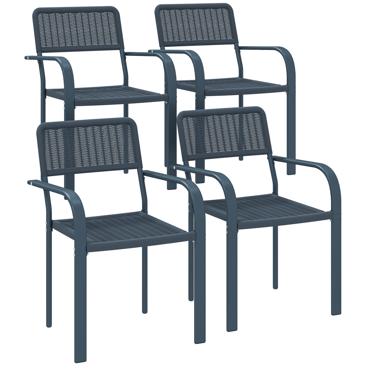 Outsunny Set of 4 Stackable Garden Chairs with Rattan Effect & Steel Frame – Space-Saving Patio Seating, Dark Grey