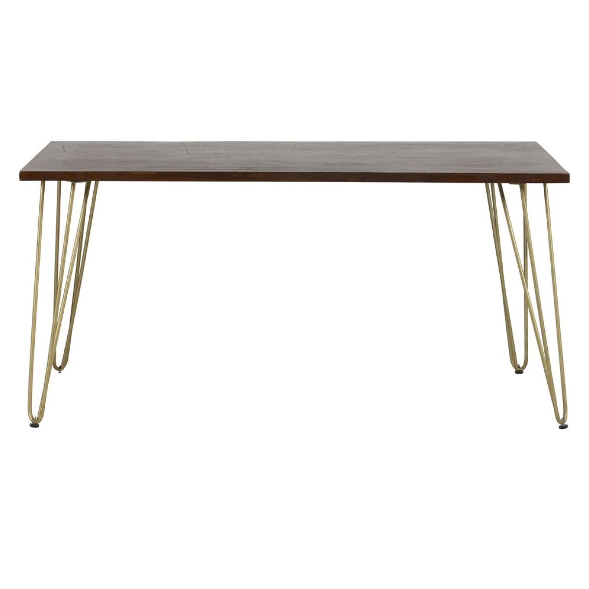 Solid wood dining table with dark gold metal inlay