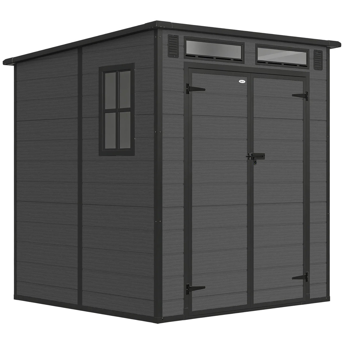 Outsunny 6 x 6ft Wood-Effect Plastic Garden Shed with Floor, Windows & Lockable Doors – Outdoor Storage, Dark Grey