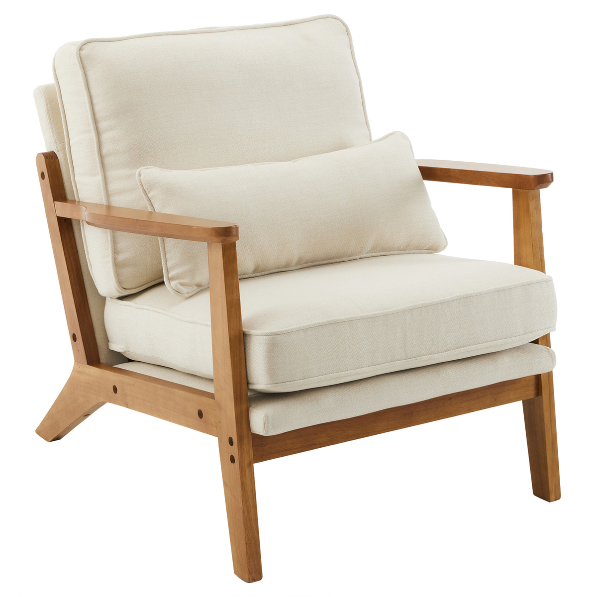 Upholstered Single Lounge Chair with Solid Wood Armrests – Mid-Century Modern Accent Armchair, Off-White