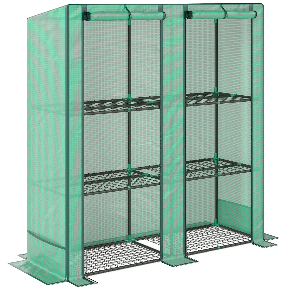 Outsunny Three-Tier Mini Greenhouse with Roll-Up Zipped Doors and 140 gsm PE Cover, Steel Frame – Green