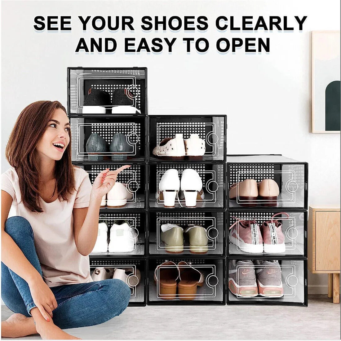 Set of 12 Stackable Clear-Door Shoe Boxes, Plastic Storage Bins, 33 x 23 x 14cm, Black