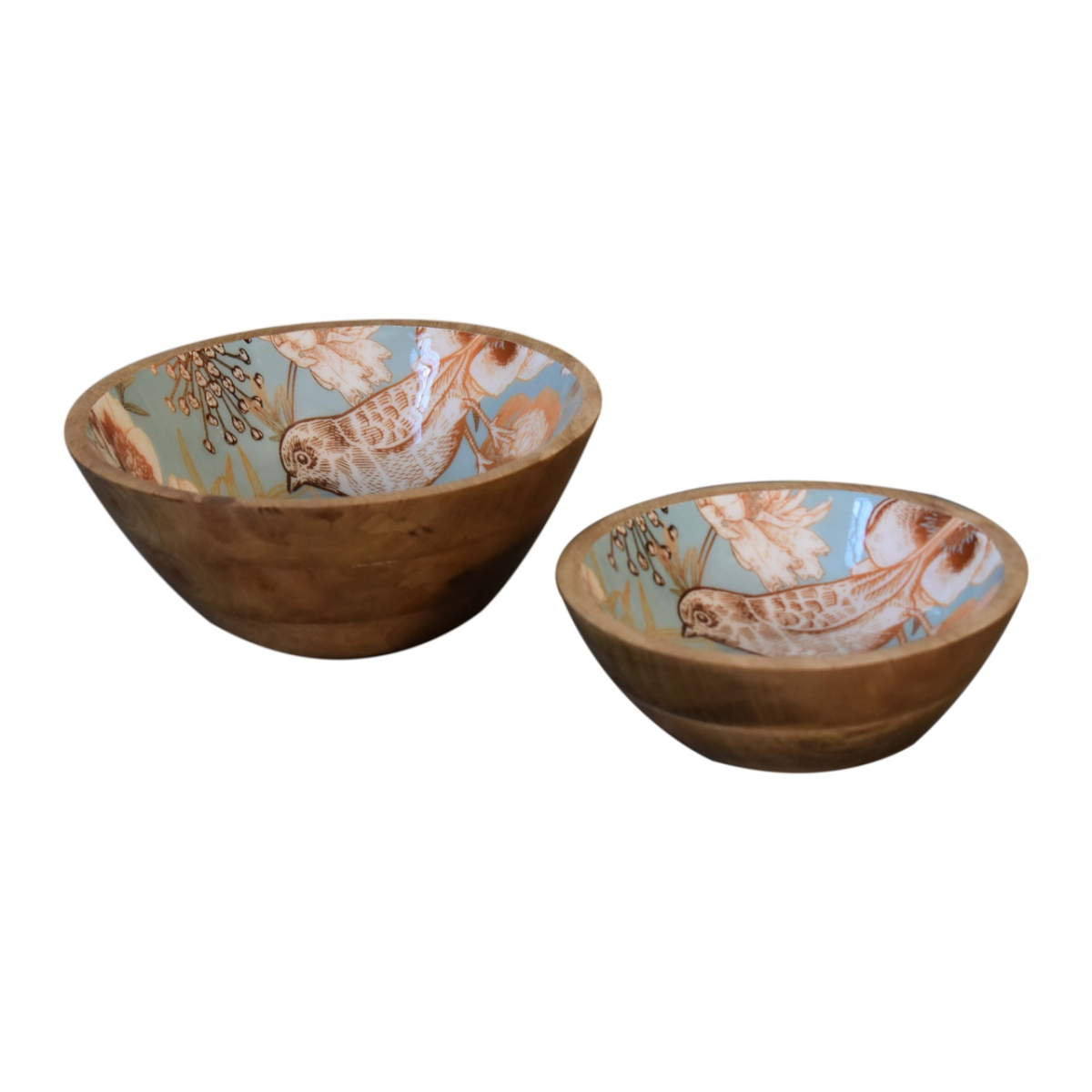 Artisan Furniture Solid Mango Wood Floral Bird Bowl Set of 2 – Handcrafted Decorative Bowls, Beige