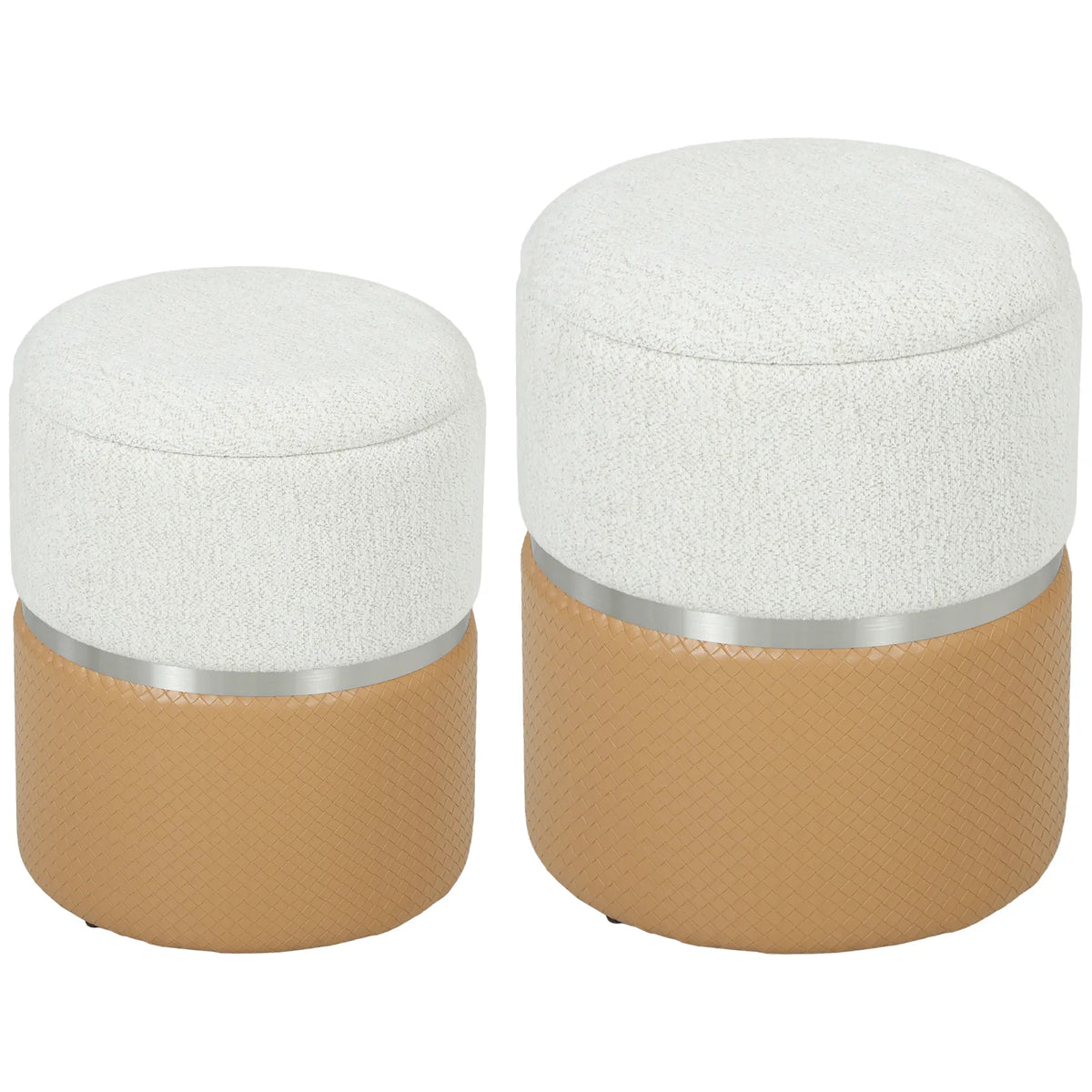 HOMCOM Set of 2 Nesting Round Storage Ottomans with Lift-Off Lids – Chenille and PU Leather, Cream and Brown