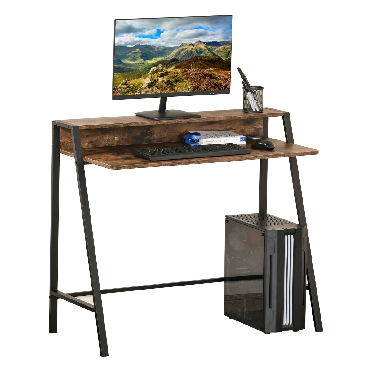 HOMCOM Writing Desk with Two-Tier Worktop and Storage Shelf – Home Office Computer Workstation, Rustic Brown