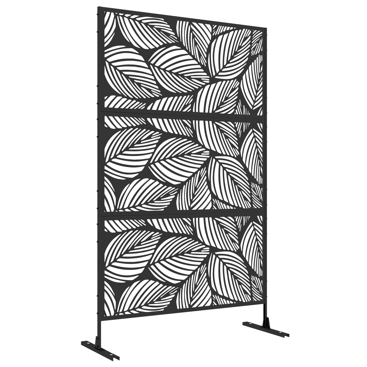 Outsunny 3-Panel Steel Leaf Garden Privacy Screen with Stand & Trellis – 6.5ft Decorative Space Divider, Black