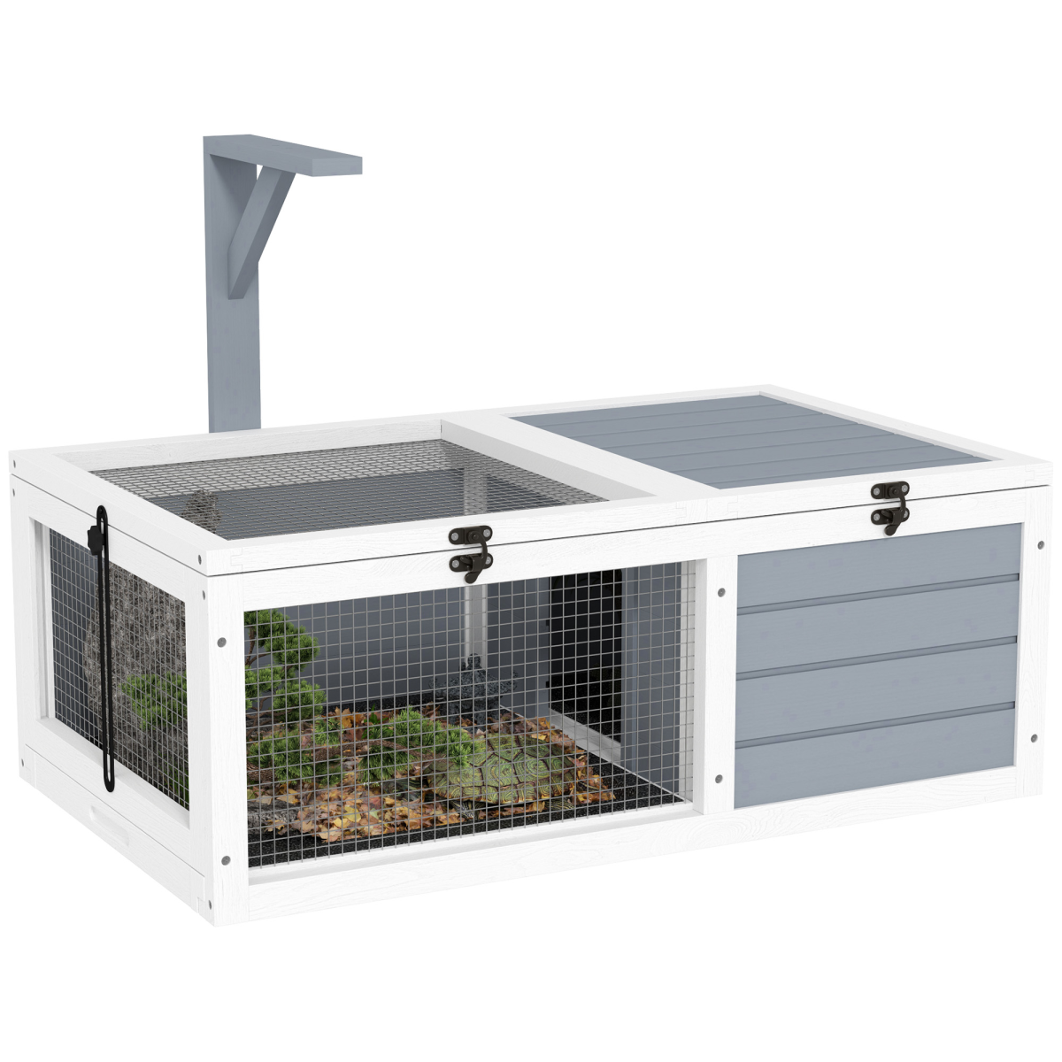 PawHut Tortoise Enclosure with Run, Lamp Holder, Pull-Out Trays & Hideaway – Wooden House, White and Light Grey
