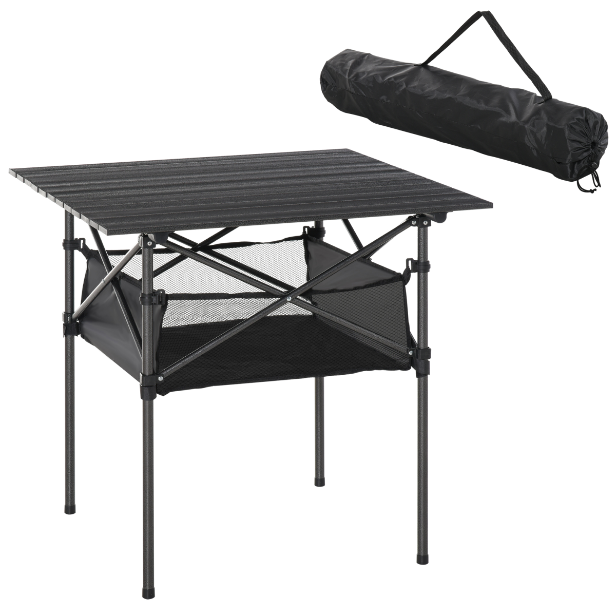 Aluminium Roll-Top Folding Camping Table with Mesh Storage Bag – Portable Picnic Table, Black